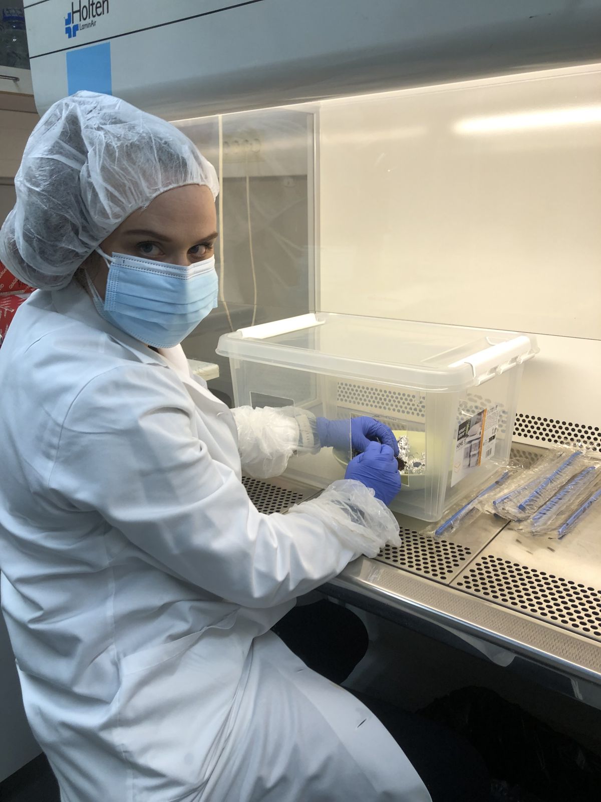 Johanna Muurinen suojavarusteissa laboratorion työkaapilla.